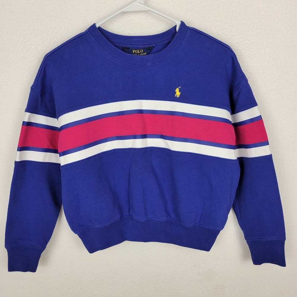 Polo Ralph Lauren Colorblock Stripe Crewneck Sweatshirt Girls M 8-10 Purple Pink